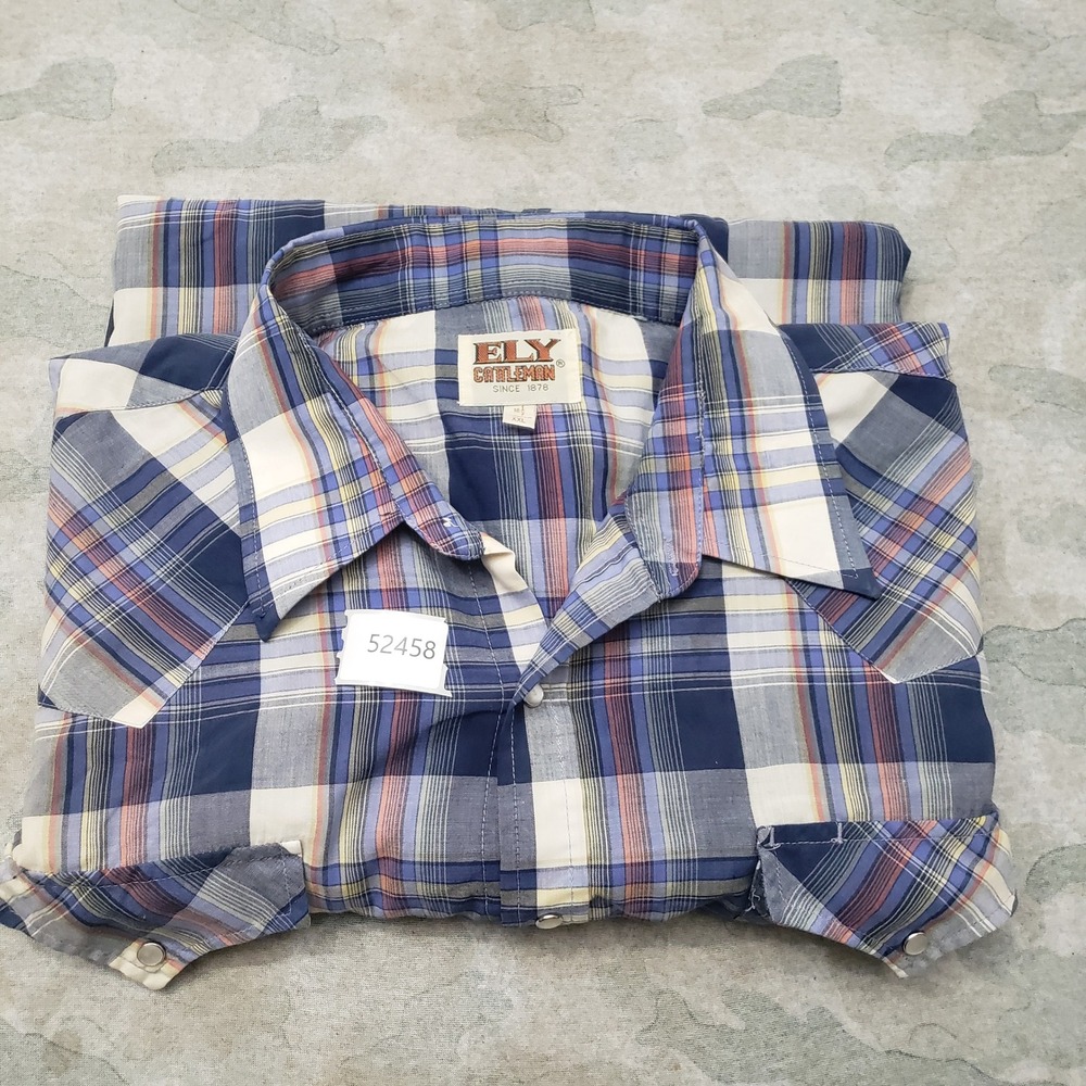 Ely Cattleman Western Shirt Mens 2XL Blue Plaid Pearl Snap Short Sleeve Rodeo - Picture 8 of 8